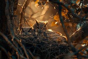 Sunlight Filtering Through Branches Around Nesting Pair of Owls with nature background photo