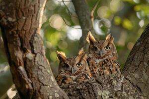 Sunlight Filtering Through Branches Around Nesting Pair of Owls with nature background photo