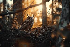 Sunlight Filtering Through Branches Around Nesting Pair of Owls with nature background photo