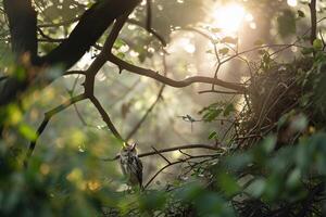 Sunlight Filtering Through Branches Around Nesting Pair of Owls nature background photo