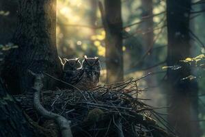 Sunlight Filtering Through Branches Around Nesting Pair of Owls with nature background photo