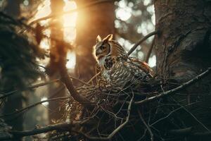 Sunlight Filtering Through Branches Around Nesting Pair of Owls with nature background photo