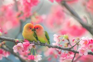 Lovebirds on Blossoming Cherry Tree Branch in Spring Garden nature background photo