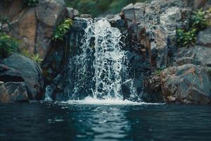 serene waterfall flowing gently into pool framed by rocks and greenery nature background photo