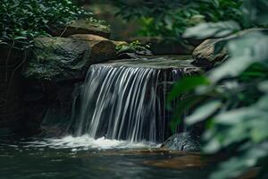 serene waterfall flowing gently into pool framed by rocks and greenery nature background photo