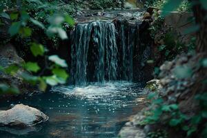 serene waterfall flowing gently into pool framed by rocks and greenery nature background photo