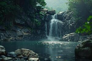 serene waterfall flowing gently into pool framed by rocks and greenery nature background photo
