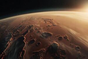 Interstellar Background Space Exploration Exploration Spacecraft Orbiting Mars Capturing Panoramic of the Red Planet photo