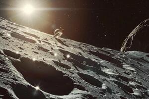 Interstellar Space Exploration Spacecraft Orbiting the Dwarf Planet Ceres Capturing Its Cratered Surface and Bright Spots photo
