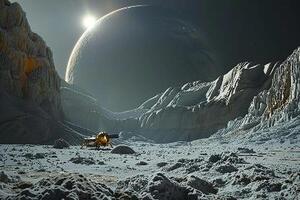 Interstellar Space Exploration Spacecraft Orbiting Jupiters Moon Europa Capturing Its Icy Surface and Potential for Life photo