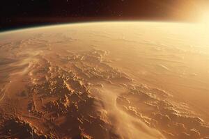 Interstellar Space Exploration Spacecraft Orbiting Mars Capturing Panoramic of the Red Planets Rugged Terrain and Dusty Atmosphere photo