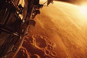 Interstellar Space Exploration Spacecraft Orbiting Mars Capturing Panoramic of the Red Planets Rugged Terrain and Dusty Atmosphere photo