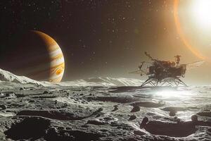 Interstellar Space Exploration Spacecraft Orbiting Jupiters Moon Europa Capturing Its Icy Surface and Potential for Life photo