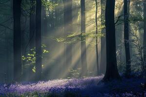 Landscape Nature Dynamic Patterns of Light Filtering Through Dense Forest Canopy Illuminating Carpet of Bluebells photo