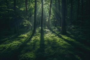 Landscape Ethereal patterns of light filtering through dense forest canopy creating magical play of shadows on the forest floor   nature background photo