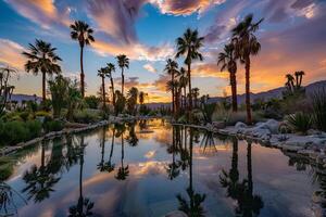 Landscape nature background Inspiring panoramic of desert oasis with palm trees and a pool of water under vibrant sunset sky photo
