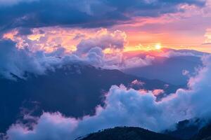 Landscape nature background Majestic patterns of clouds and sunlight over mountain range at sunset creating dramatic colors and shadows photo