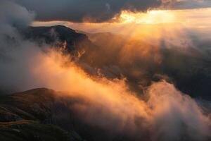 Landscape nature background Majestic patterns of clouds and sunlight over mountain range at sunset creating dramatic colors and shadows photo