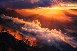 Landscape nature background Majestic patterns of clouds and sunlight over mountain range at sunset creating dramatic colors and shadows photo