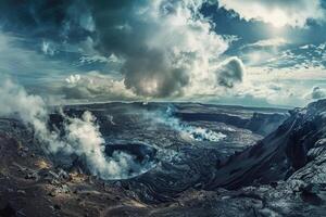 Landscape nature background Inspiring panoramic of volcanic landscape with steaming vents and rugged terrain under dramatic sky with swirling clouds photo