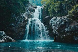 Landscape nature background Majestic waterfall plunging down rocky cliff into turquoise pool below surrounded by lush greenery photo