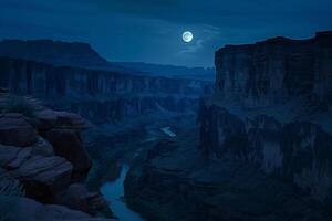 Landscape nature background Majestic canyon with rugged cliffs and winding river illuminated by the light of the full moon photo