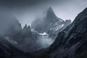 Landscape nature background Majestic mountain range with jagged peaks and glaciers illuminated by the glow of sunrise photo