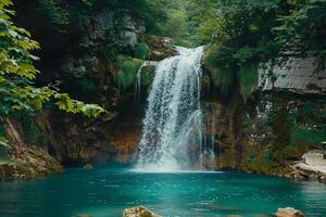 Landscape nature background Majestic waterfall plunging down rocky cliff into turquoise pool below surrounded by lush greenery photo