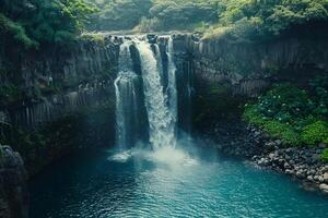 AweInspiring Waterfall Over Cliff into Turquoise Pool  nature background photo