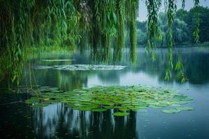 Serene Lakeside  with Lily Pads and Weeping Willows  Nature nature background photo