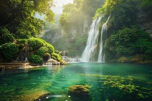 Crystal Clear Pool with Pristine Waterfall and Lush Greenery nature background photo