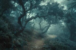 Misty Forest Path with Ancient Trees and Diffused Light in Nature nature background photo