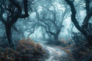 Serene Misty Forest with Winding Path and Ancient Trees nature background photo