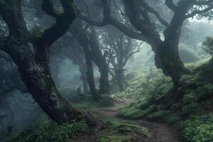 Tranquil Nature nature background of MistCovered Forest Path with Ancient Trees photo