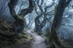 Mystical Nature nature background of Misty Forest Path Through Ancient Trees photo