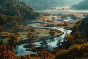Calm Valley Nature nature background with Winding Rivers and Autumn Trees photo