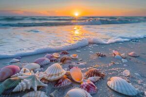 Serene Beach Sunrise nature background with Gentle Waves and Seashells photo