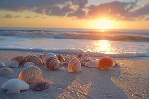 nature background Serene Beach at Sunrise with Gentle Waves photo