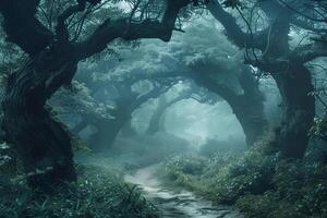 nature background Mist Covered Forest with Winding Path through Ancient Trees photo