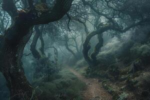 nature background Mist Covered Forest with Winding Path through Ancient Trees photo