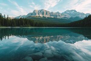 nature background Serene Mountain Lake with Crystal Clear Water and Pine Forest photo