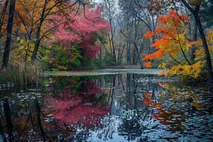 nature background Serene Pond Surrounded by Colorful Autumn Foliage photo
