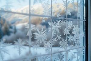nature background Windowpane Frost with Snowy Mountain photo