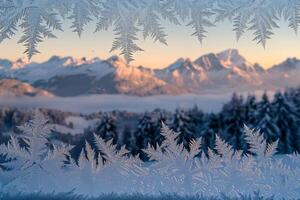 nature background Snowy Mountains Framed by Frosted Windowpane photo