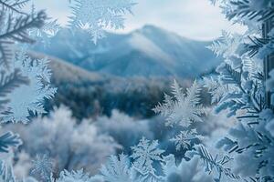 nature background Snowy Mountain  Through Frosted Windowpane photo