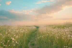 nature background Pastel Sky Over Winding Path in Serene Meadow at Dusk photo