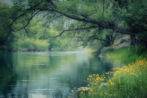Serene riverbank with overhanging trees and wildflowers in bloom with the river reflecting the lush green surroundings   nature background photo