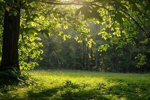 Serene forest glade with sunlight filtering through the leaves   nature background photo