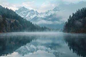 Serene and mist covered mountain lake surrounded by pine forests and distant snow capped peaks reflecting the early morning light   nature background photo