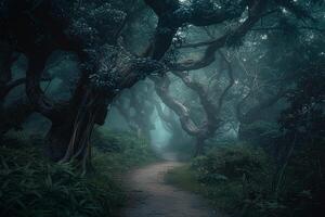 Misty Forest nature background with Winding Path Through Ancient Trees photo